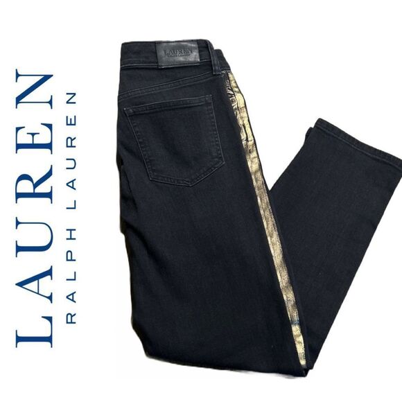 Lauren Ralph Lauren Women’s Black Gold Metallic Tuxedo Stripe Jeans - Size 4 - Picture 2 of 2